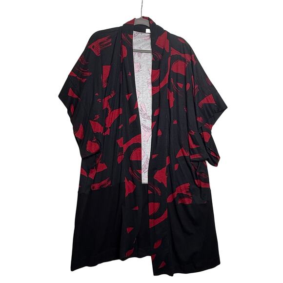 New Natori Kimono Cardigan Women's 2X Open Front Red Black Abstract Print - Picture 1 of 6